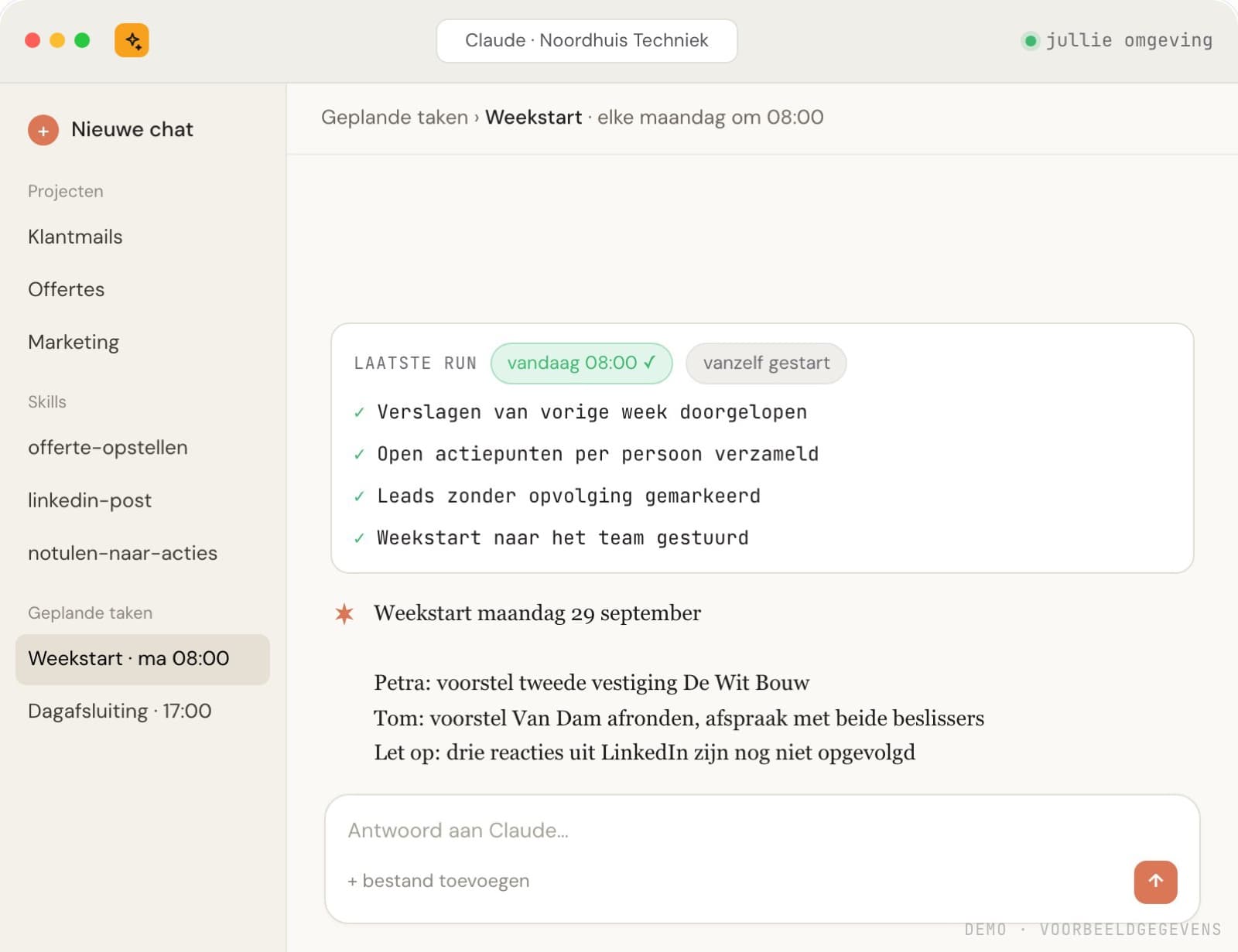 Scherm uit de demo: een geplande taak loopt elke maandag de verslagen door, verzamelt actiepunten en markeert leads zonder opvolging